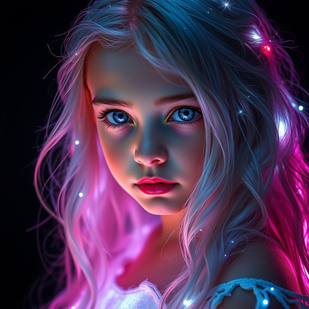 Ethereal Magic Girl with Glowing Silver Hair and Bright Blue...