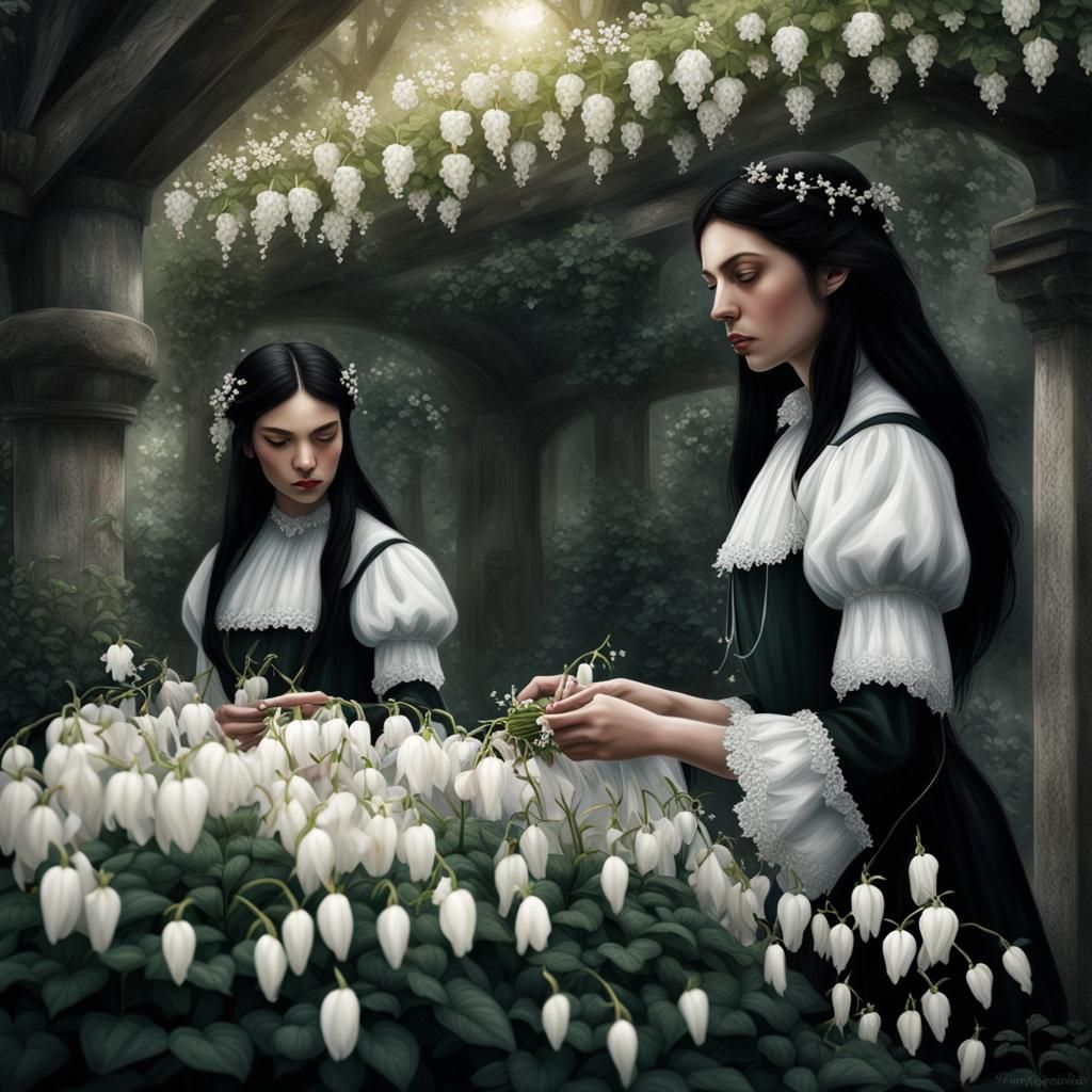 Witches Tend Garden of Bleeding Heart Flowers