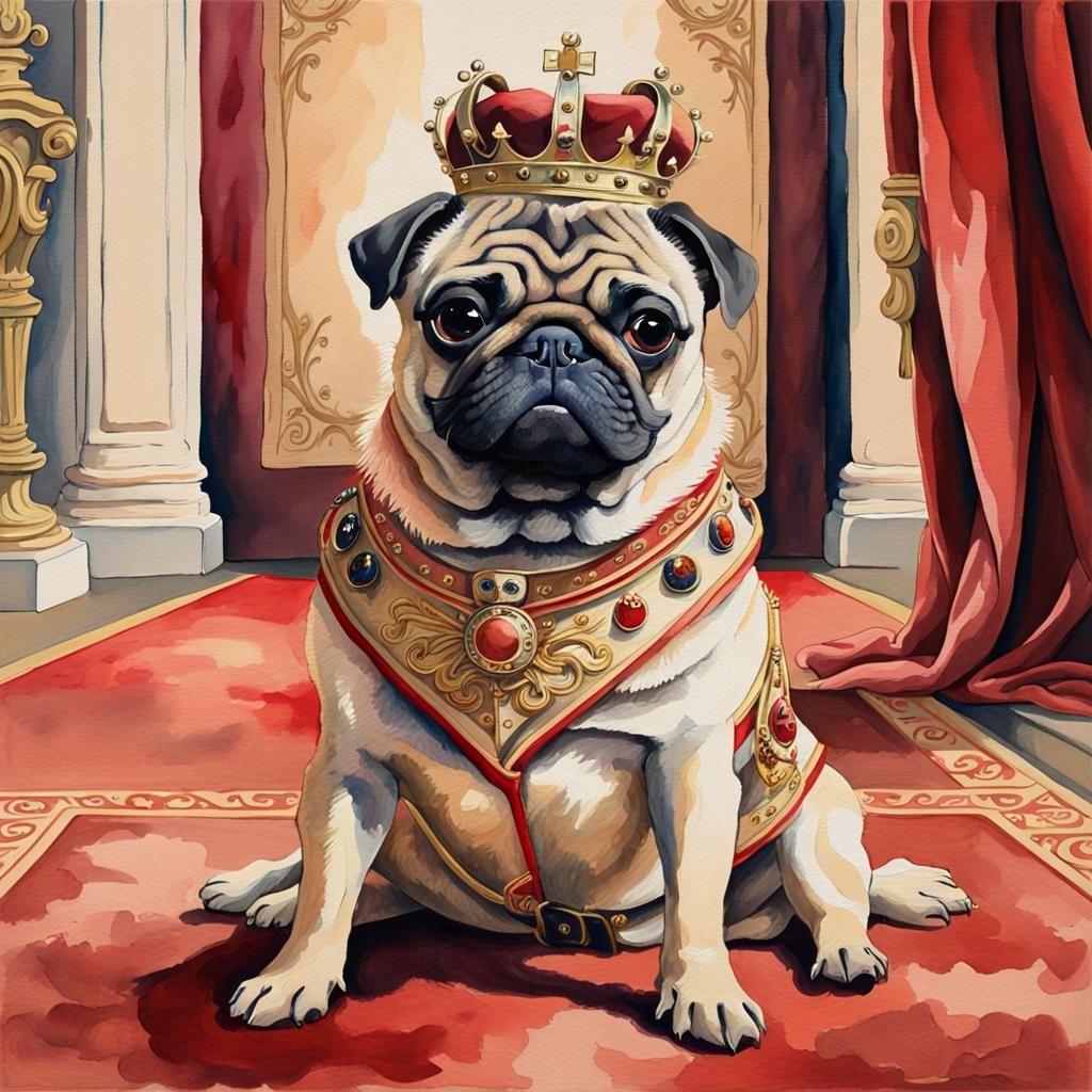 Royal Pug Portrait in Watercolor Style
