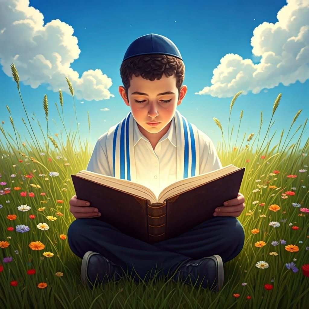 An ultra-Orthodox Jewish boy sits in a magical field with gr...
