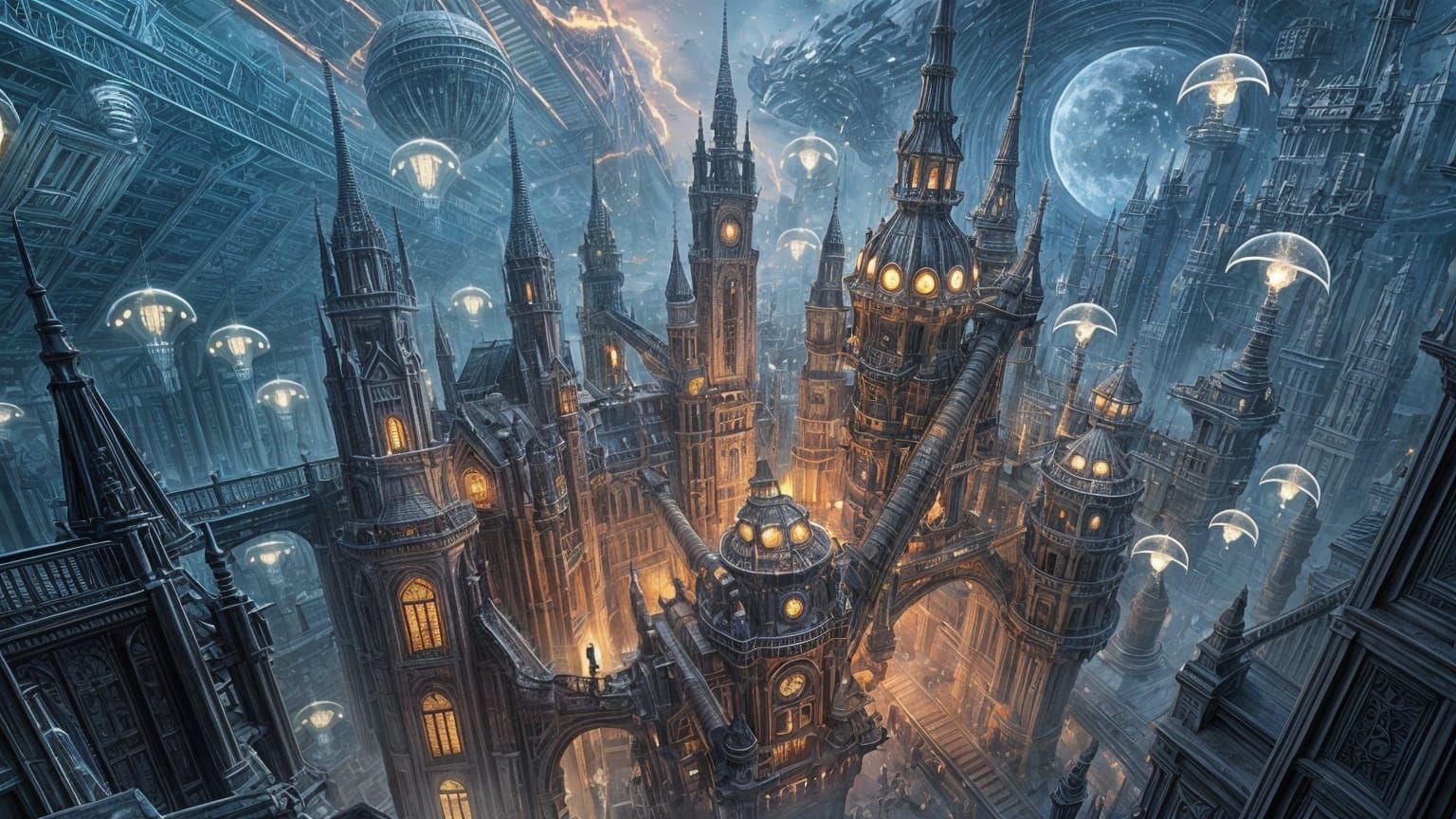 Surreal Steampunk Atlantis City in Deep Space
