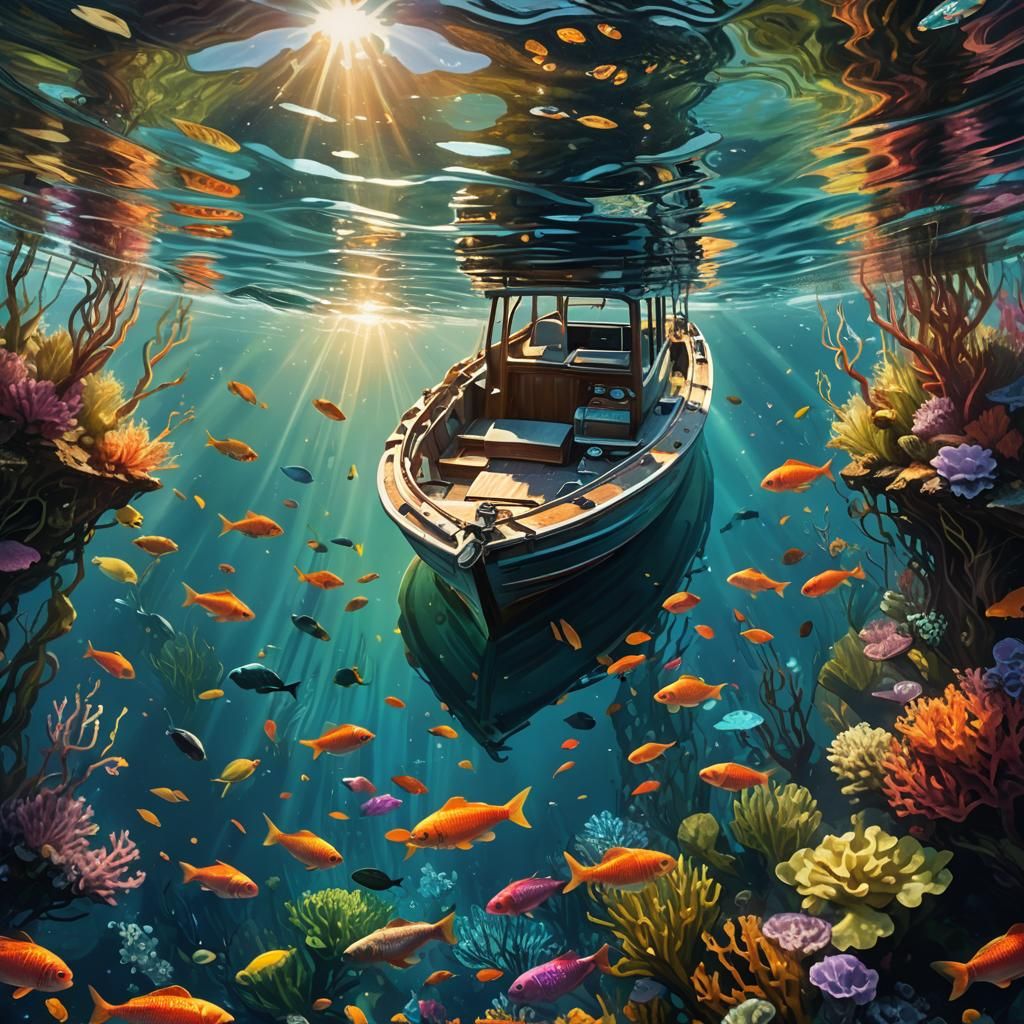 Mirrored Boat Underwater: Hyperrealistic Concept Art
