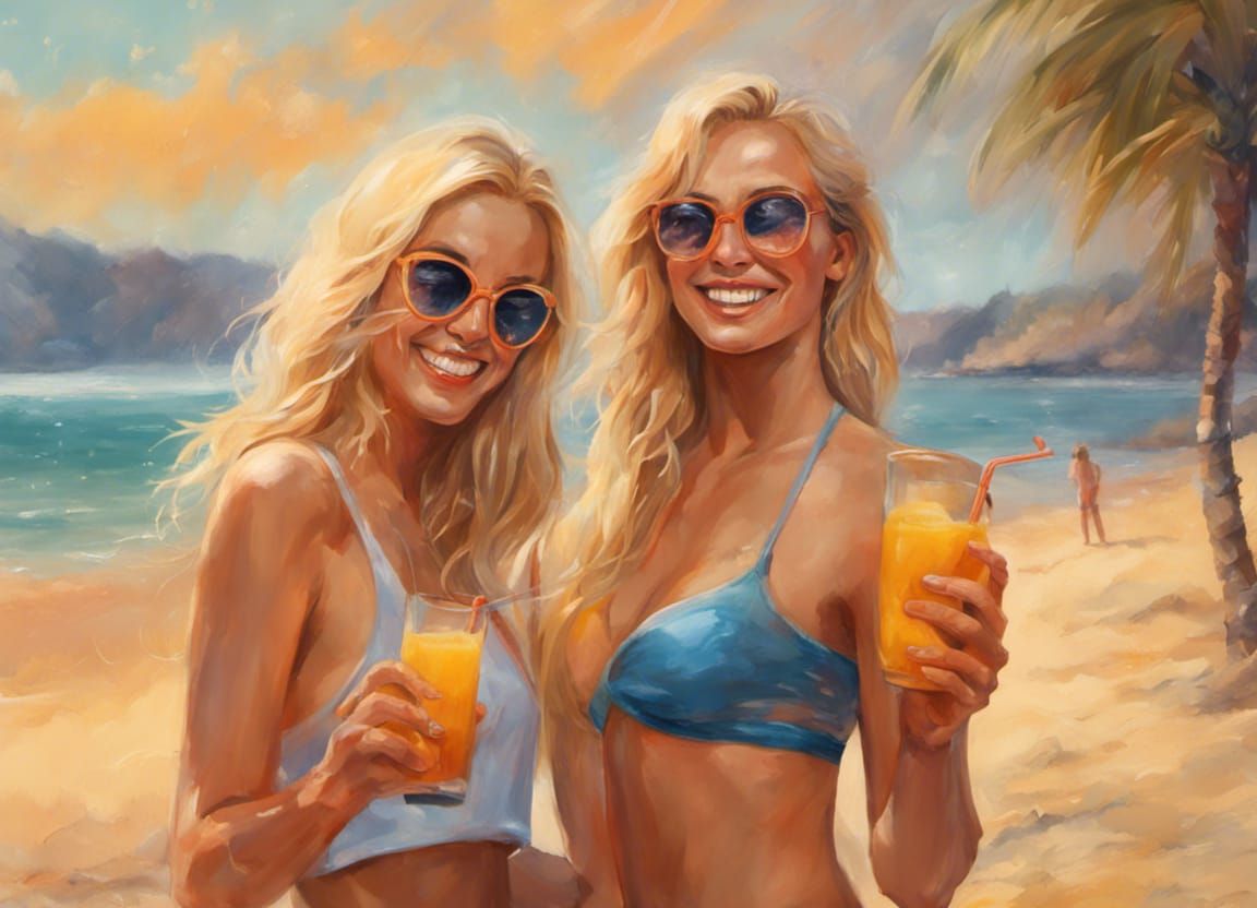 Hyperrealistic Portrait of Two Women on Beach