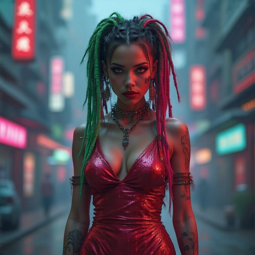 Cyberpunk Woman with Dreads in Neon Cityscape
