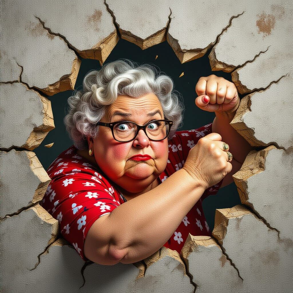 Humorous Gray-Haired Woman Punches Wall: Hyperrealistic
