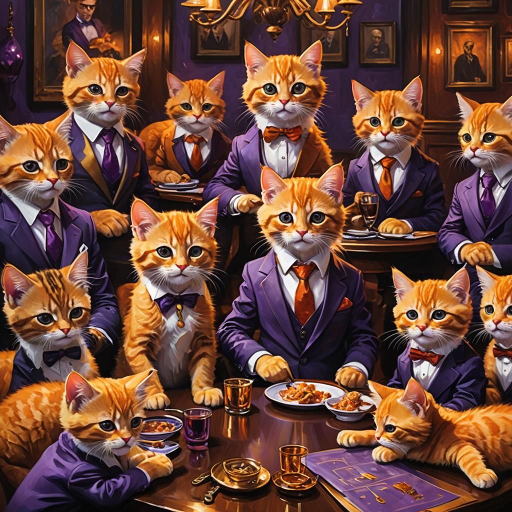 Kitten Cartel: Luxurious Meeting in Oil Painting Style