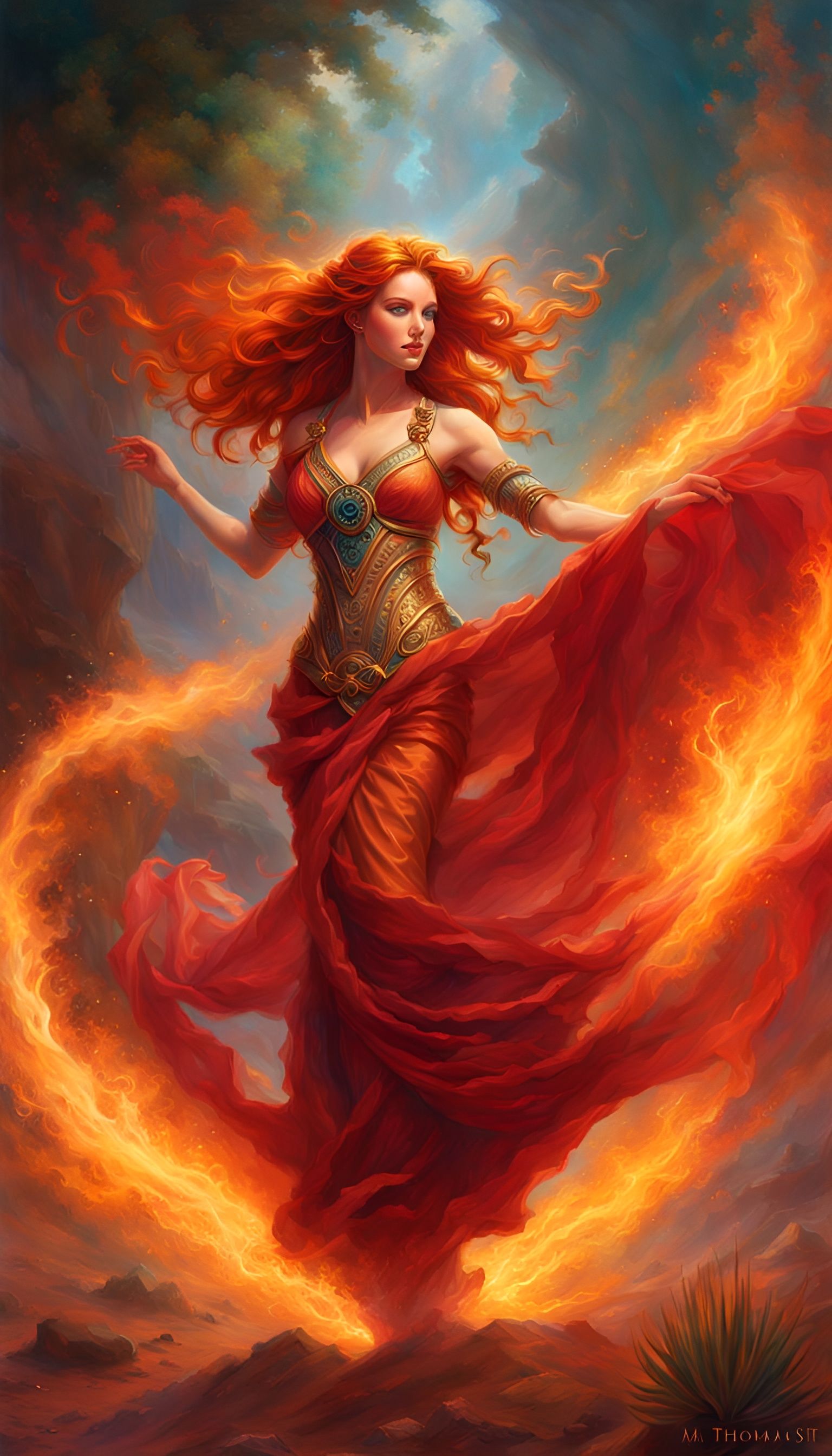 Fiery Goddess Dancing in the Desert: Hyperrealistic Art