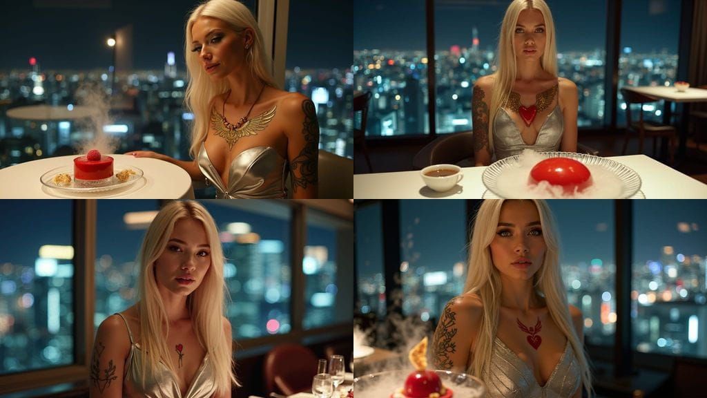 Tokyo Rooftop Restaurant Night Scene With Woman in Silver Go...