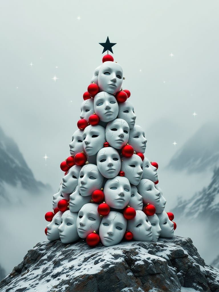 Surreal Mask Christmas Tree in Winter Landscape
