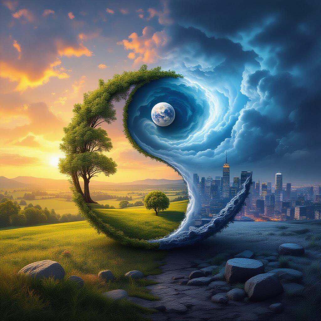 Surreal Yin-Yang Landscape: Countryside and Metropolis
