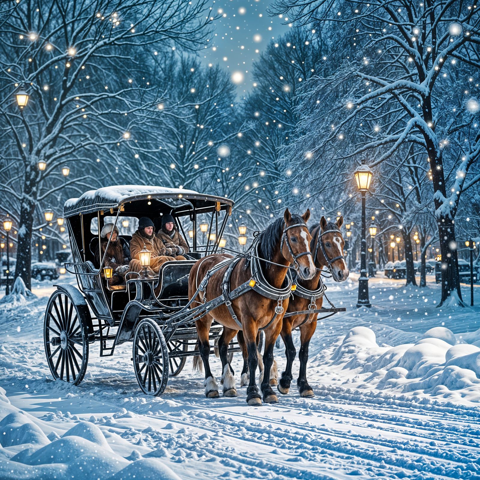 Snowy Winter Night Carriage Ride in Abstract Style