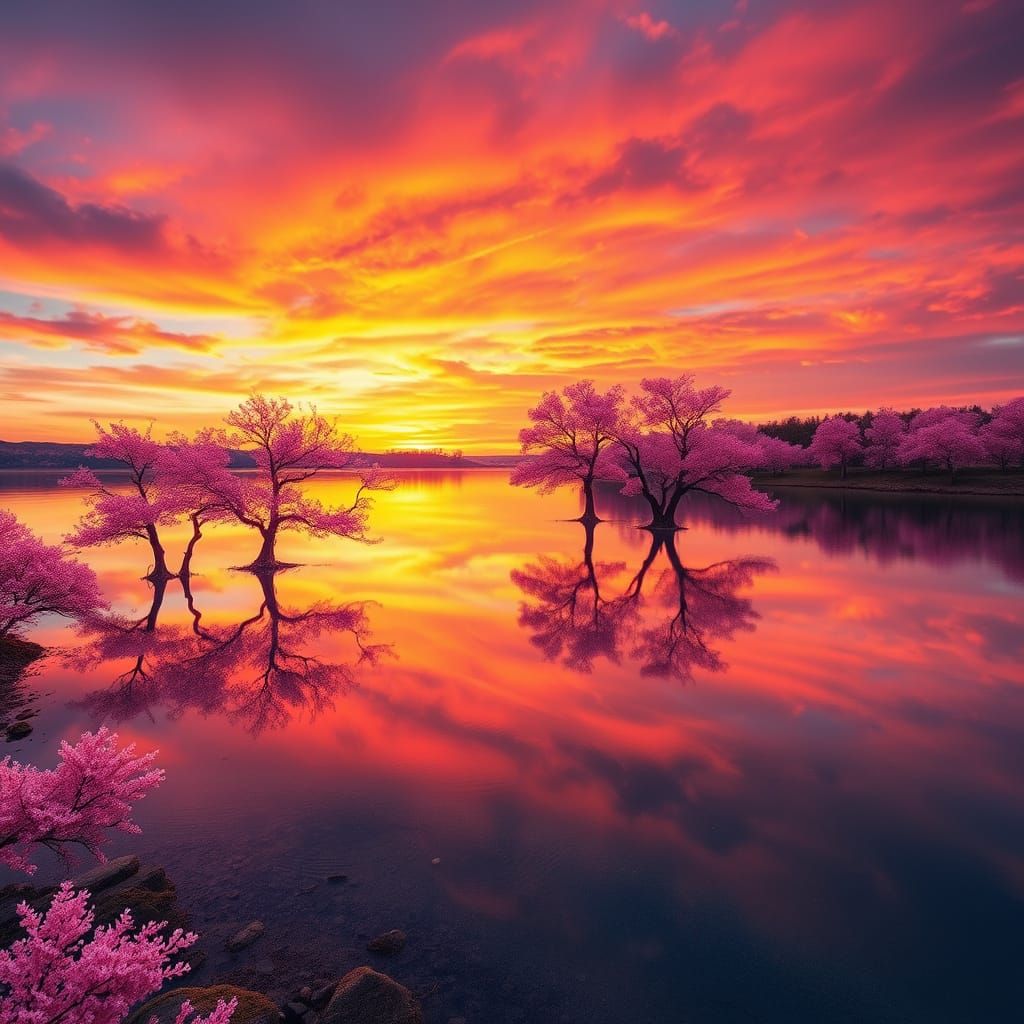 Vibrant Sunset Lake with Perfect Reflections in Hyperrealist...
