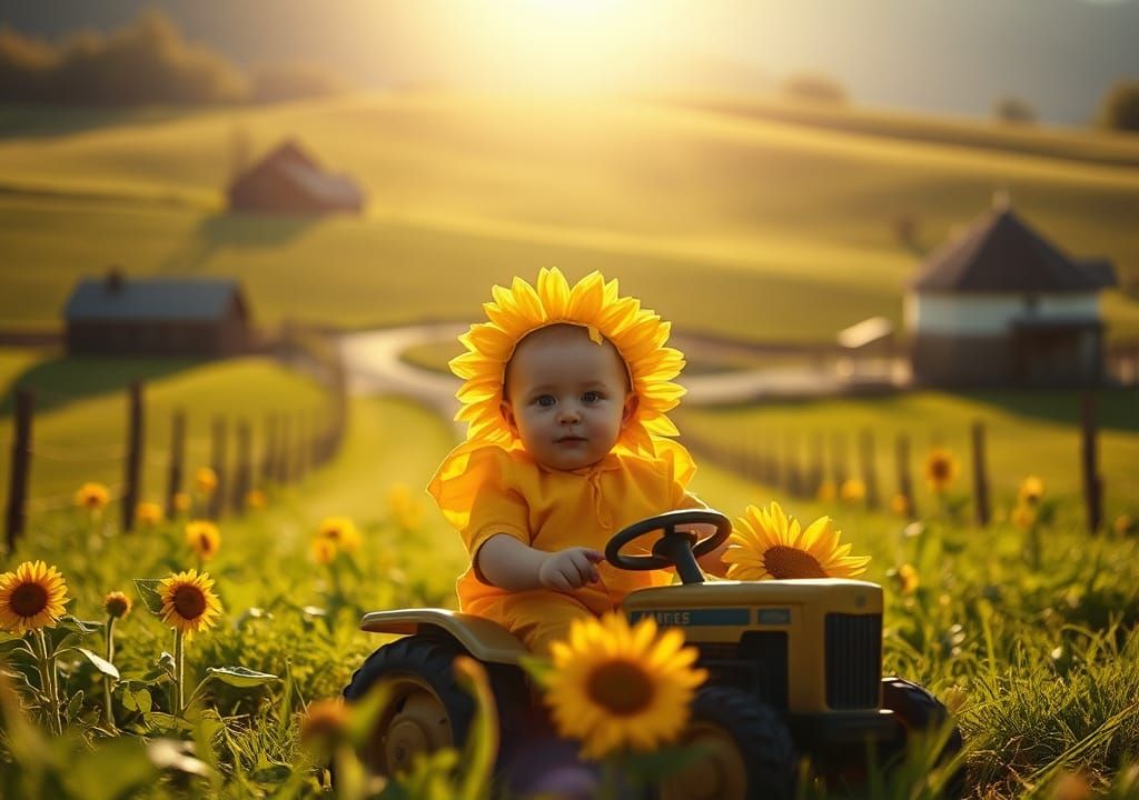 Baby in Sunflower Costume Plays on Farm