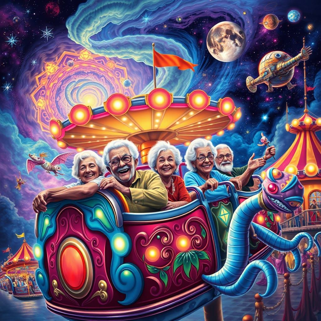 Senior Citizens on a Whimsical Carnival Ride
