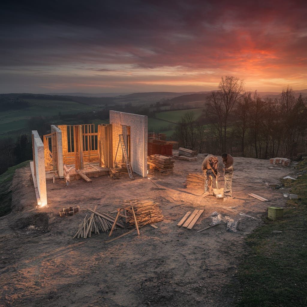 Construction Site Oil Painting with Atmospheric Lighting
