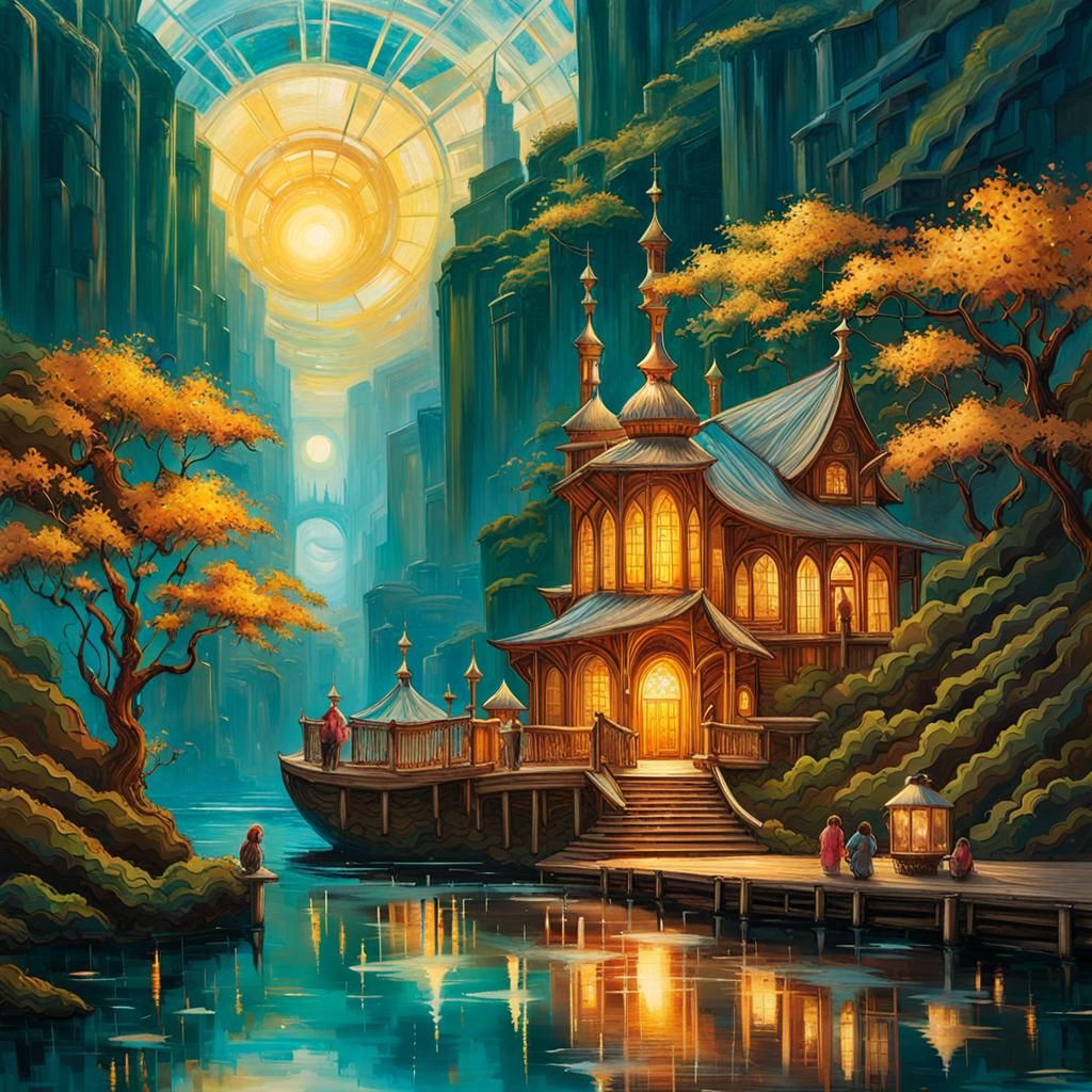 Glass Angel in Exotic Sunset Landscape