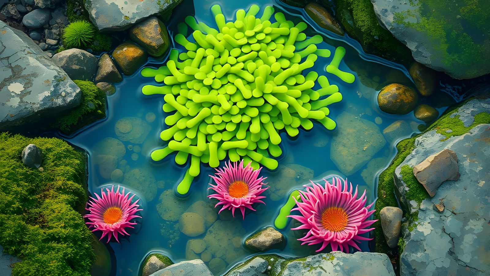 Vibrant Green Algae in Coastal Rock Pool