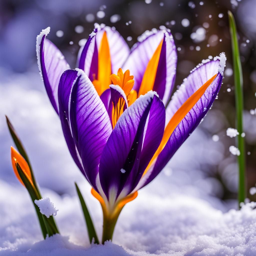 Purple Crocus Blooming in Snow: Photorealistic Detail