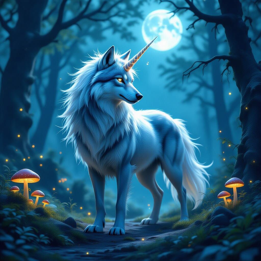 Majestic Wolf Unicorn Hybrid in Enchanted Forest
