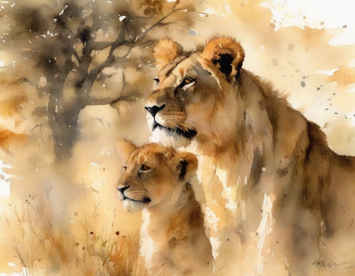 Momma Lion Teaches Her Little One Life Lessons in Vibrant Wa...