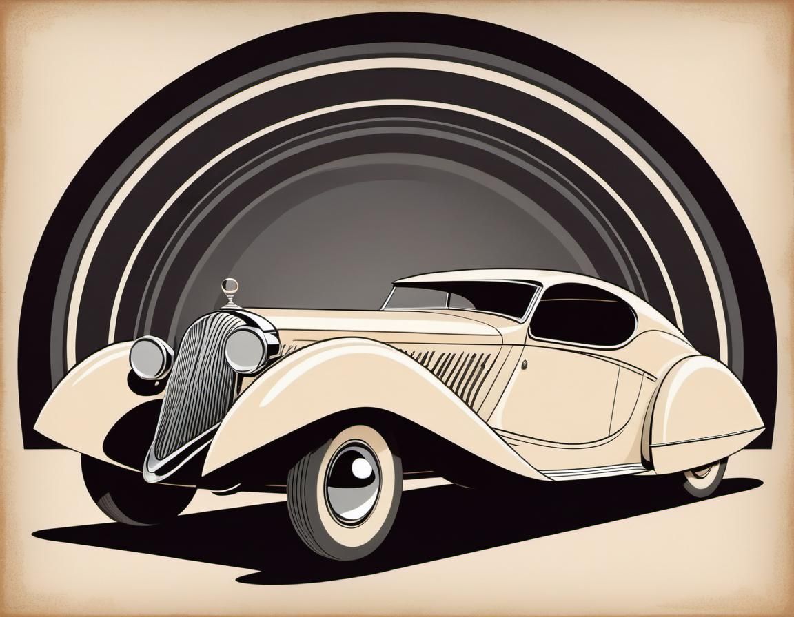 Car coupé. Streamline design. Poster in the style of Erté. No text. No calligraphy