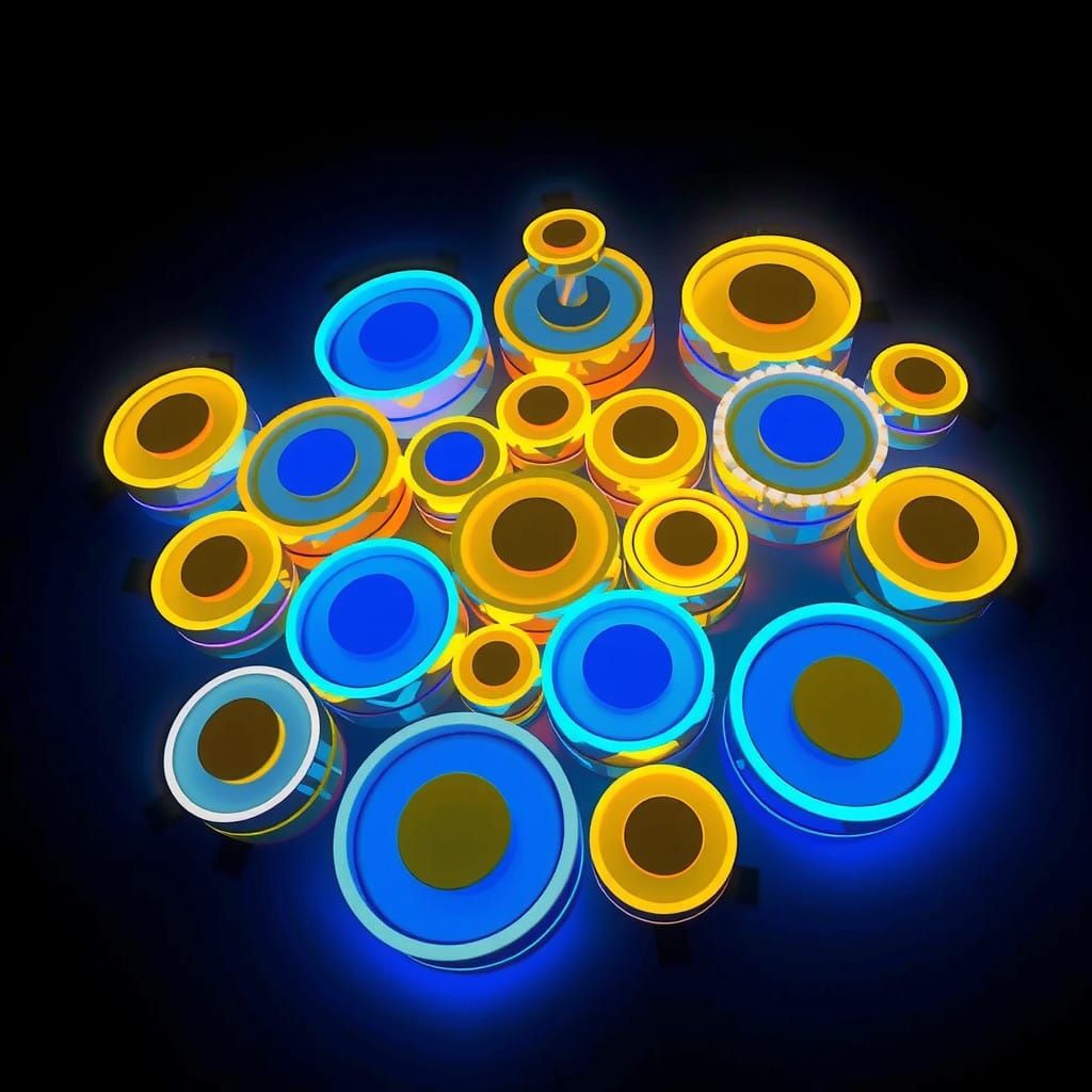 Vibrant Blue and Yellow Neon Button Array in a Dark, Cinemat...