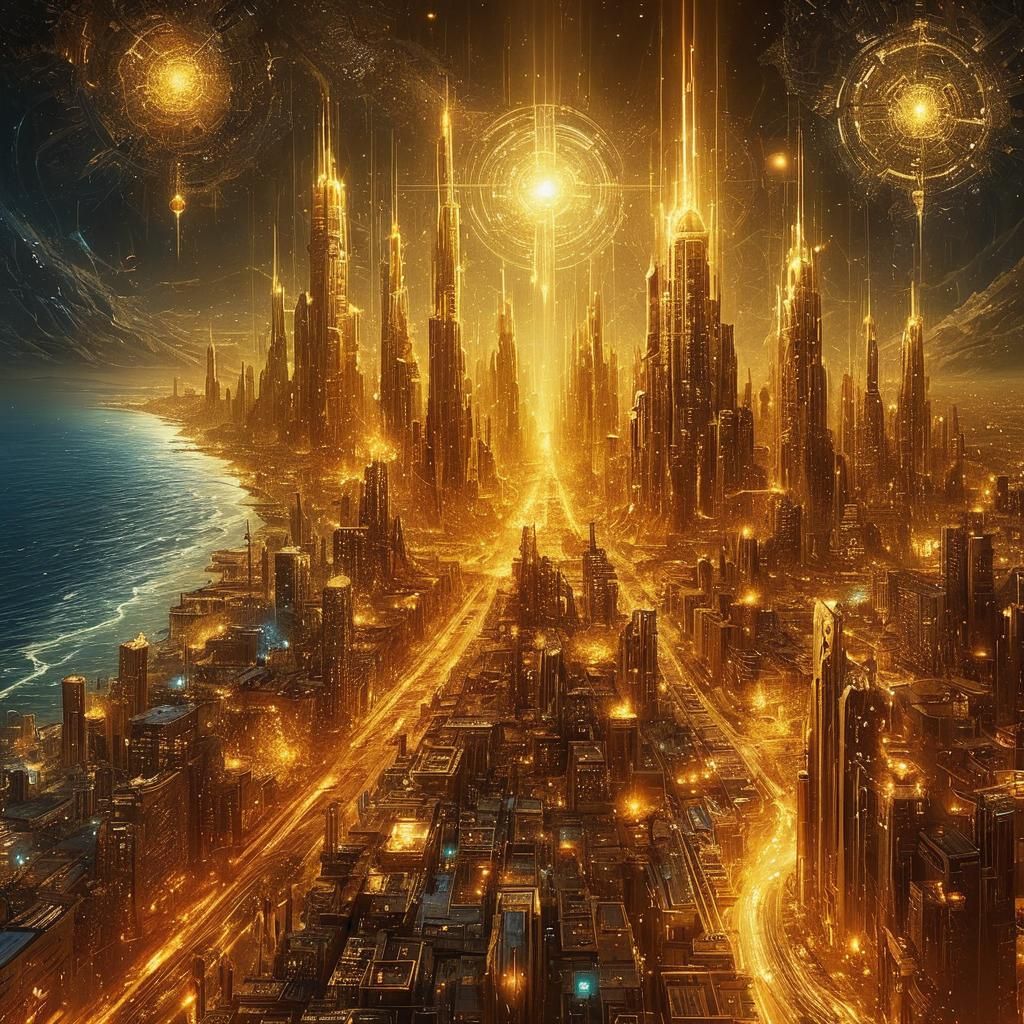 Futuristic Golden Bioluminescent City Artwork