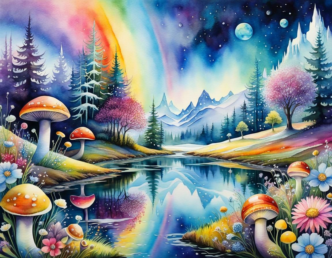 Magical Tiny World in Teacup, Watercolor Painting