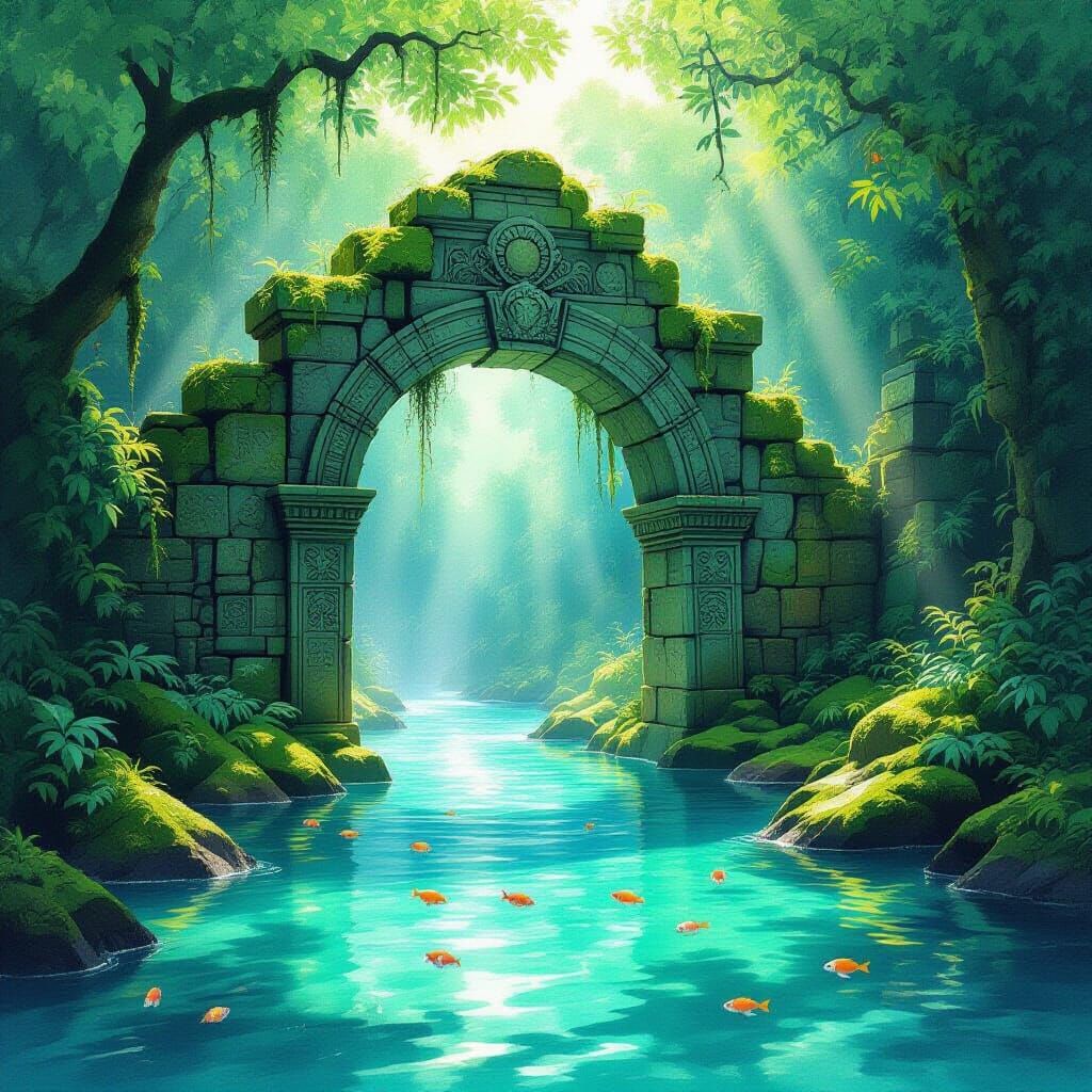 Ethereal Watercolor Ruins in Jungle River