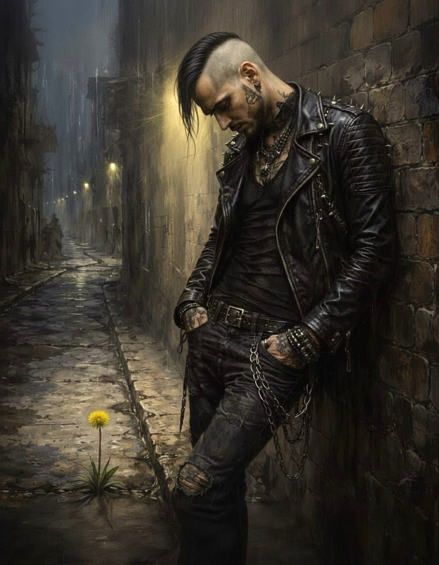 Goth Man Finds Solace in a Solitary Dandelion, Oil Painting