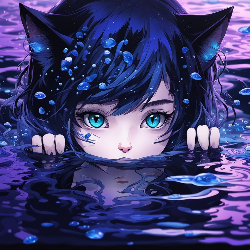 Anime Neko Cat Girl Portrait in Double Exposure