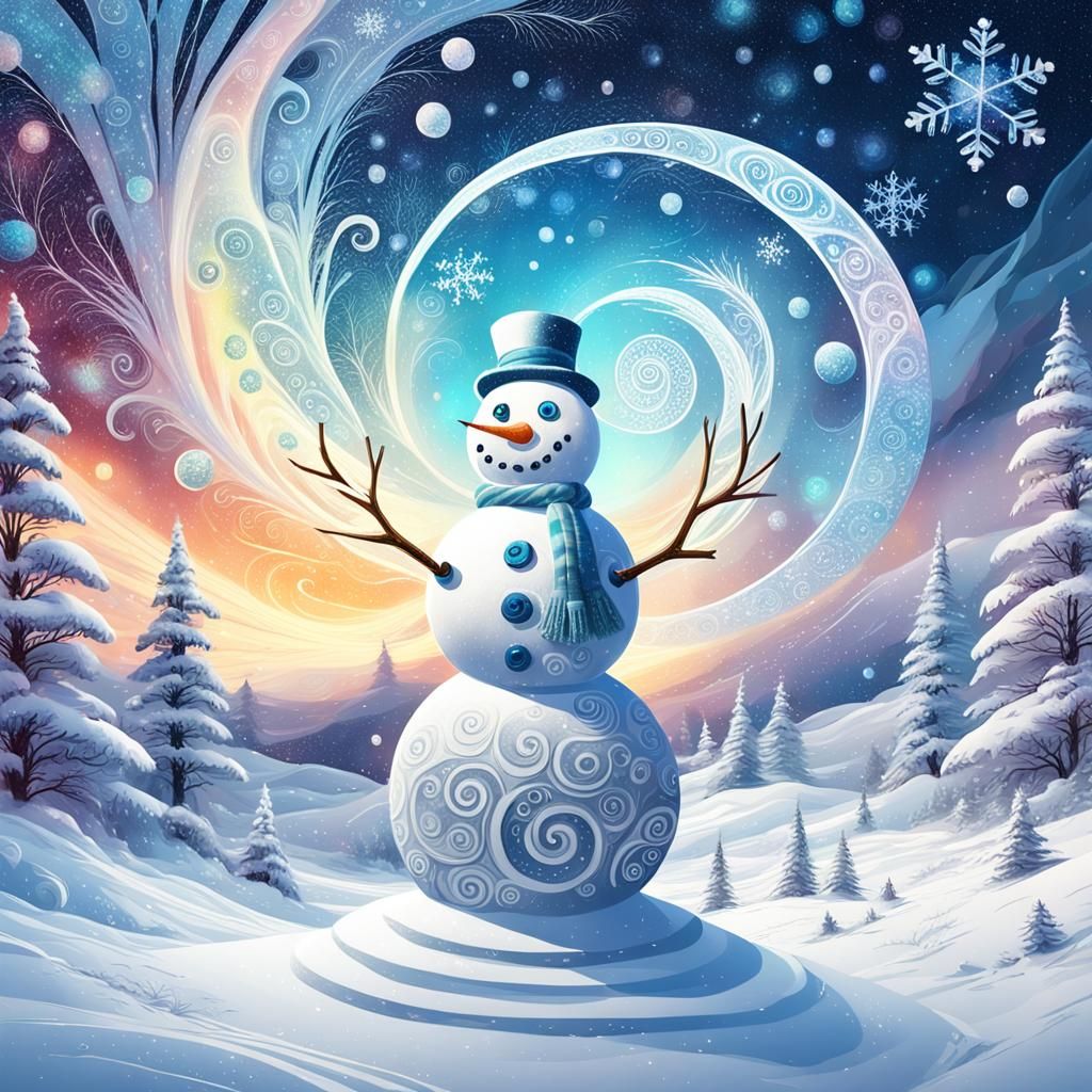 Whimsical Astral Snowman in Cosmic Winter Scene