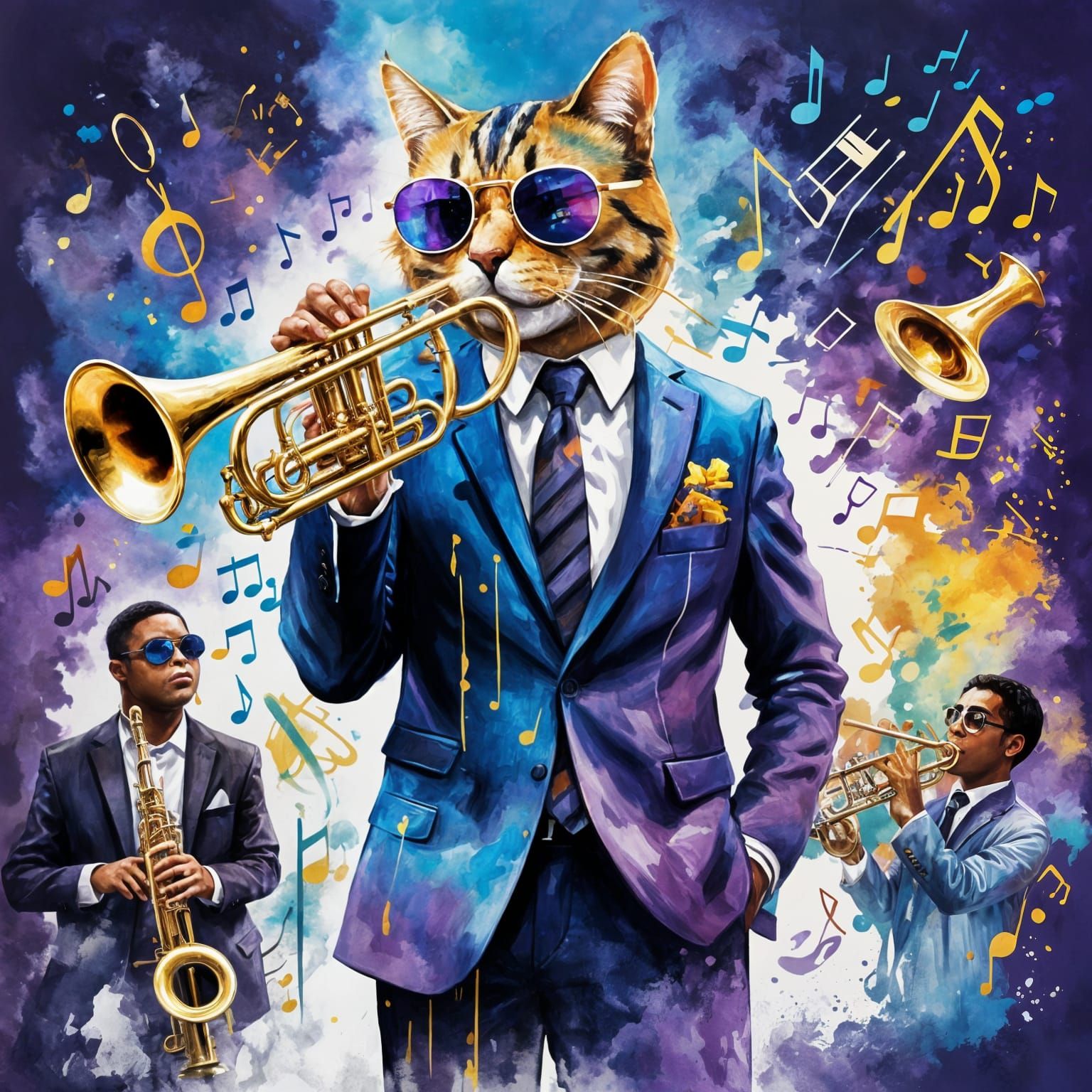 Cool Cat Trumpet Player: Hyperrealistic Splash Art