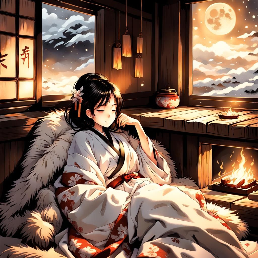 Cozy Anime Girl Sleeping Soundly by Fire