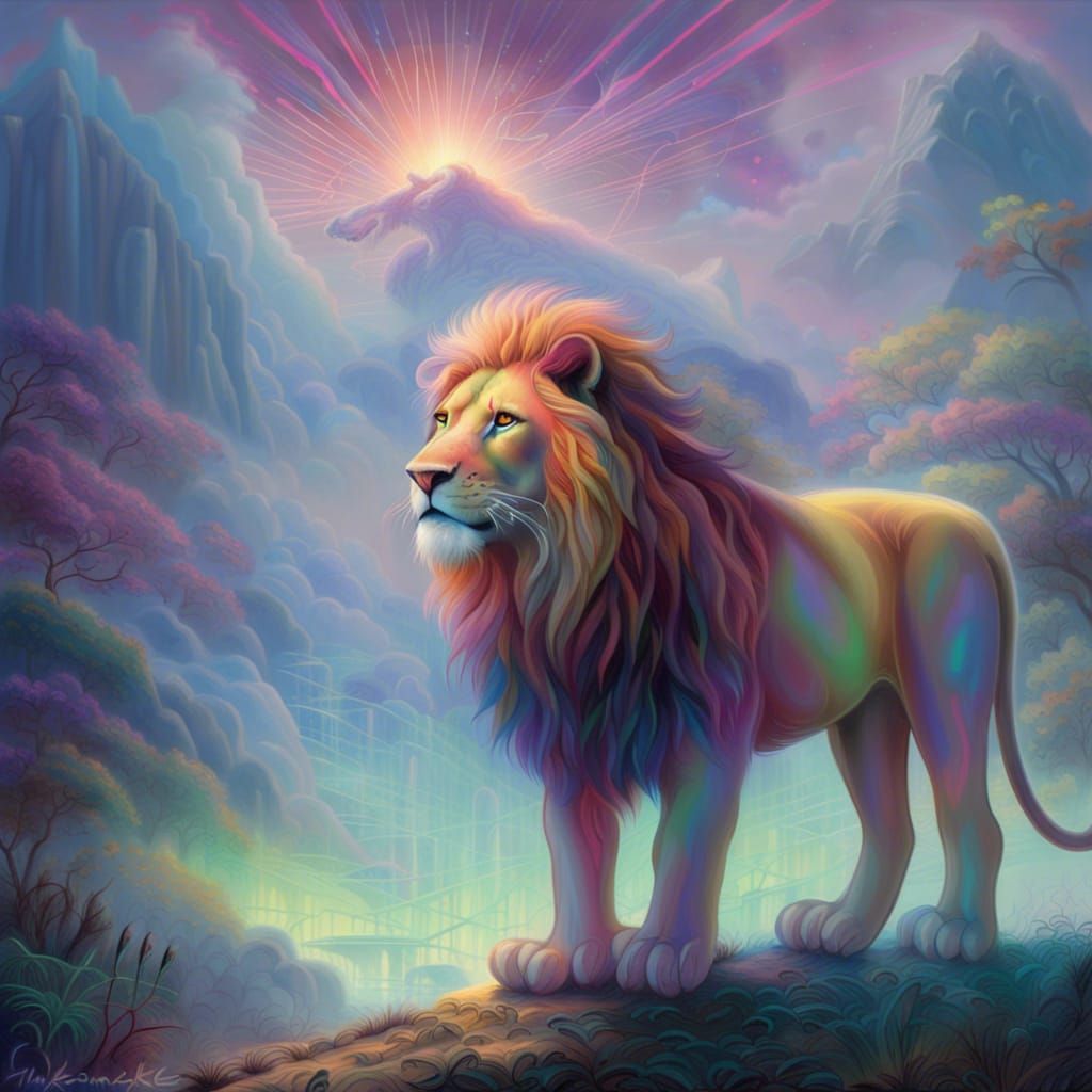 Majestic Neon Lion in Ethereal Fantasy Landscape