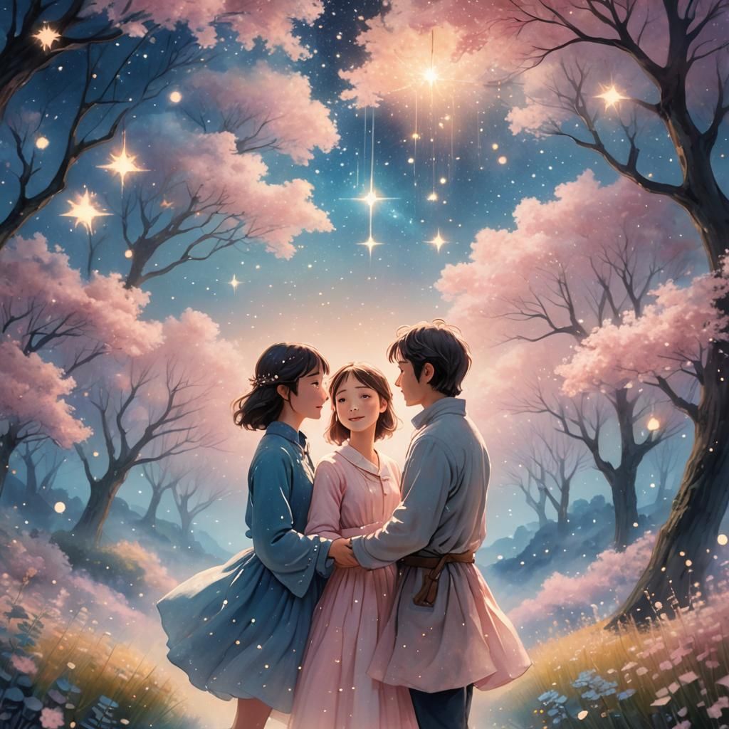 Celestial Couple in Dreamy Watercolor Fantasy World