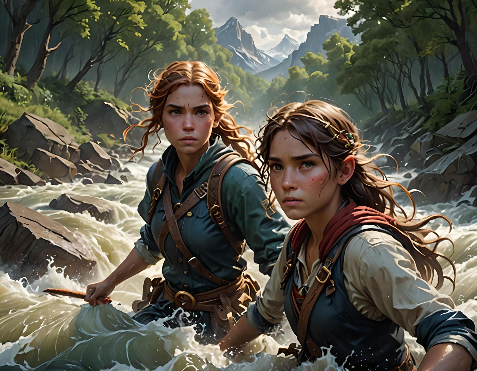 Brave Siblings Face Raging River, Detailed Concept Art