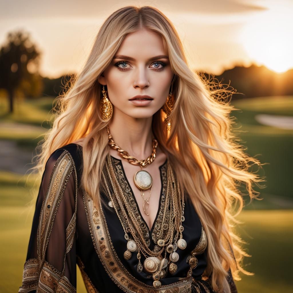 Bohemian Woman in Paisley Dress, Golden Hour Portrait