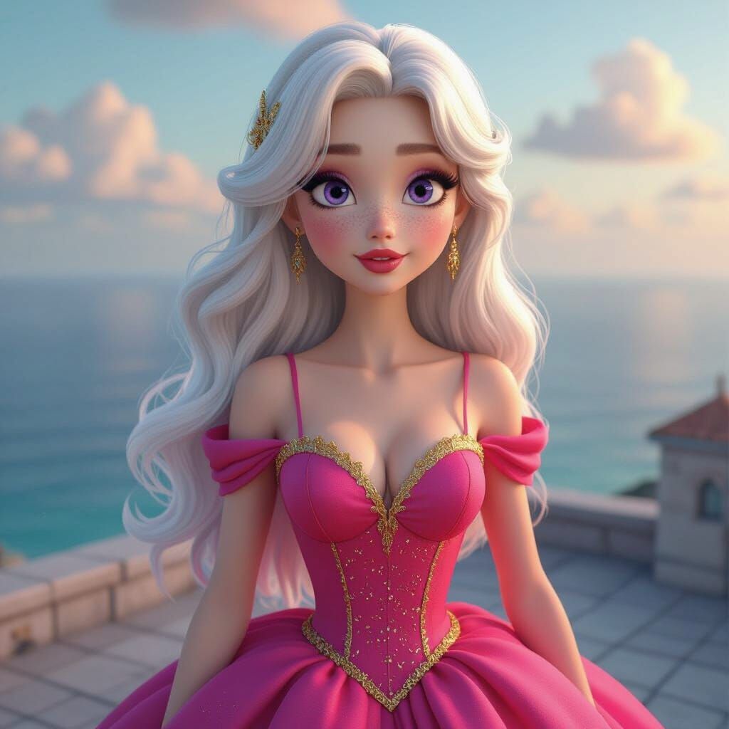 Princess with Platinum Hair on Rooftop Overlooking Sea