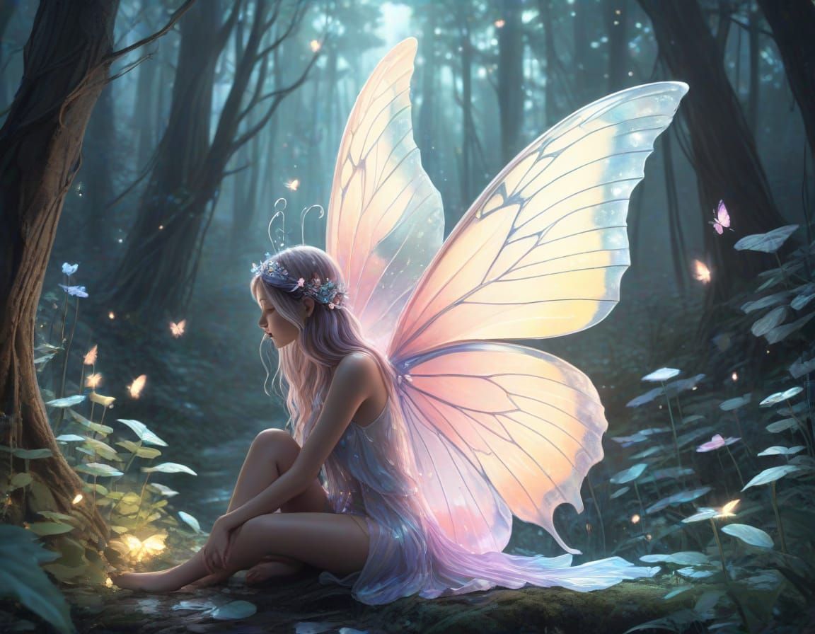 Fairy on Butterfly Wing in Bioluminescent Forest