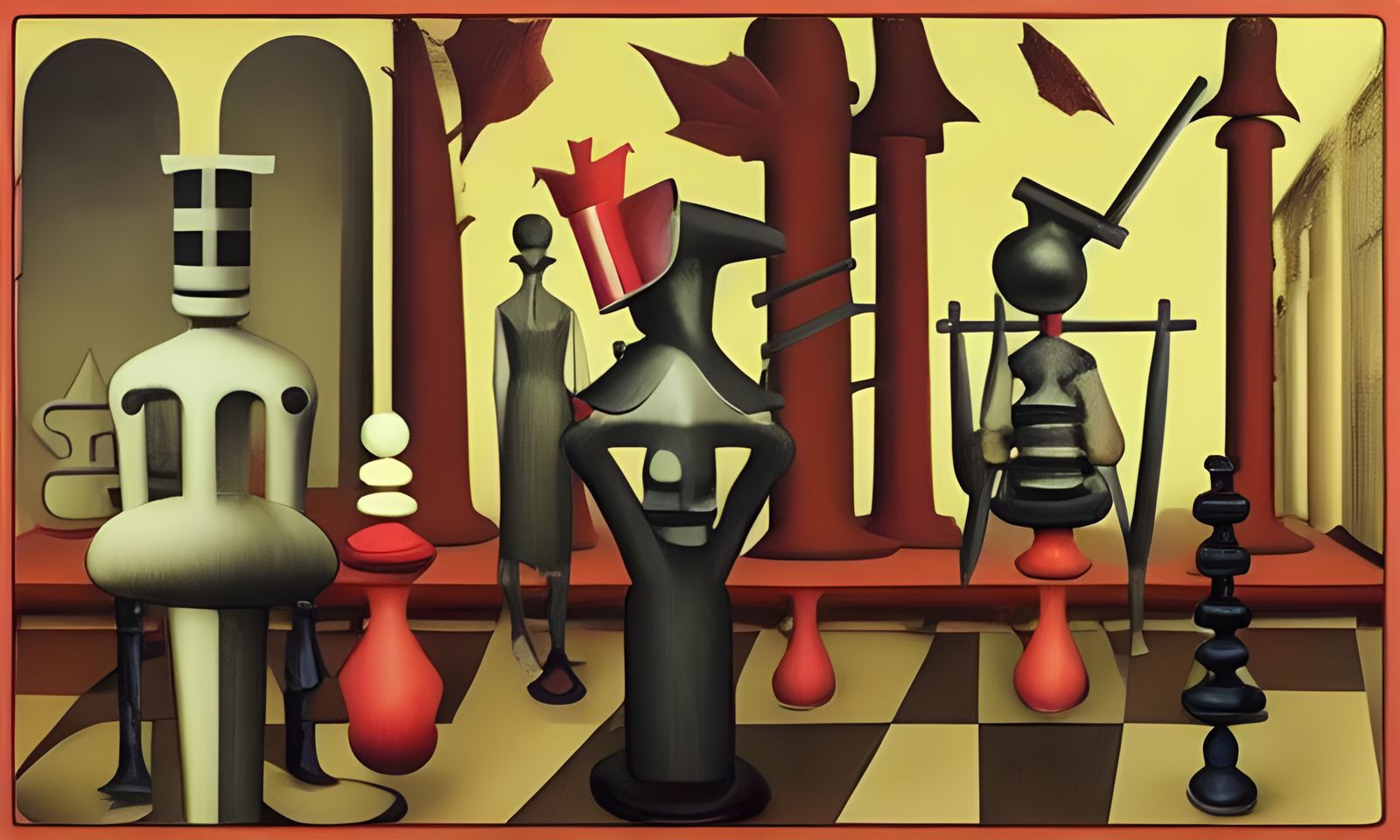 Surreal Underworld Scene with Mannequins and Golem