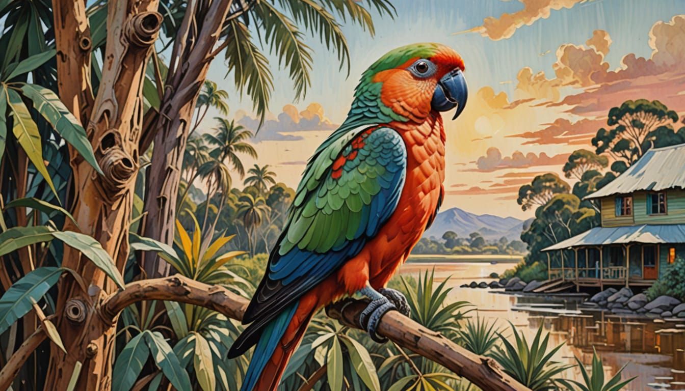 Australian King Parrot Portrait in Metallic Gouache Style