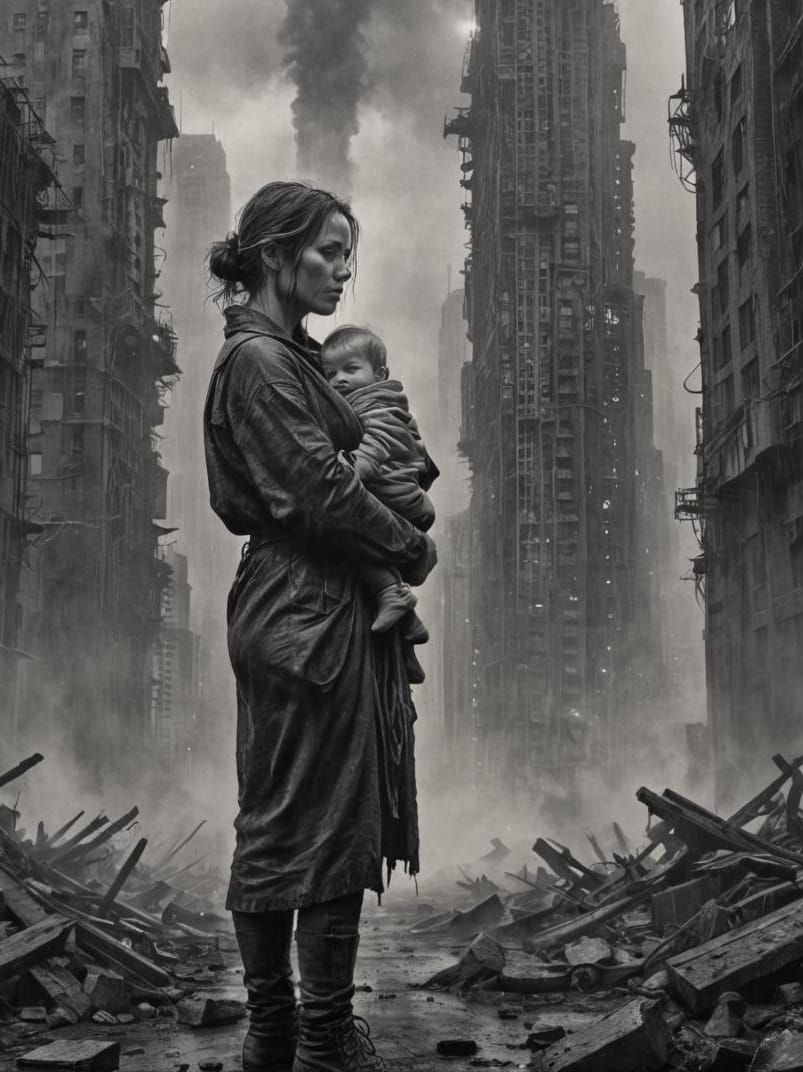 Post-Apocalyptic Mother and Child Charcoal Drawing