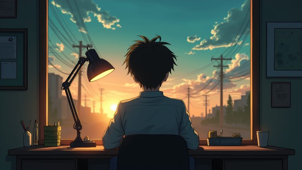 Anime Style Man at Desk Before Sunrise