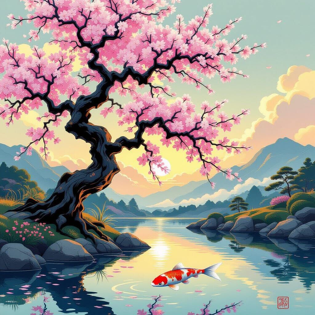 Majestic Plum Tree in Bloom with Ethereal Light and Koi Pond