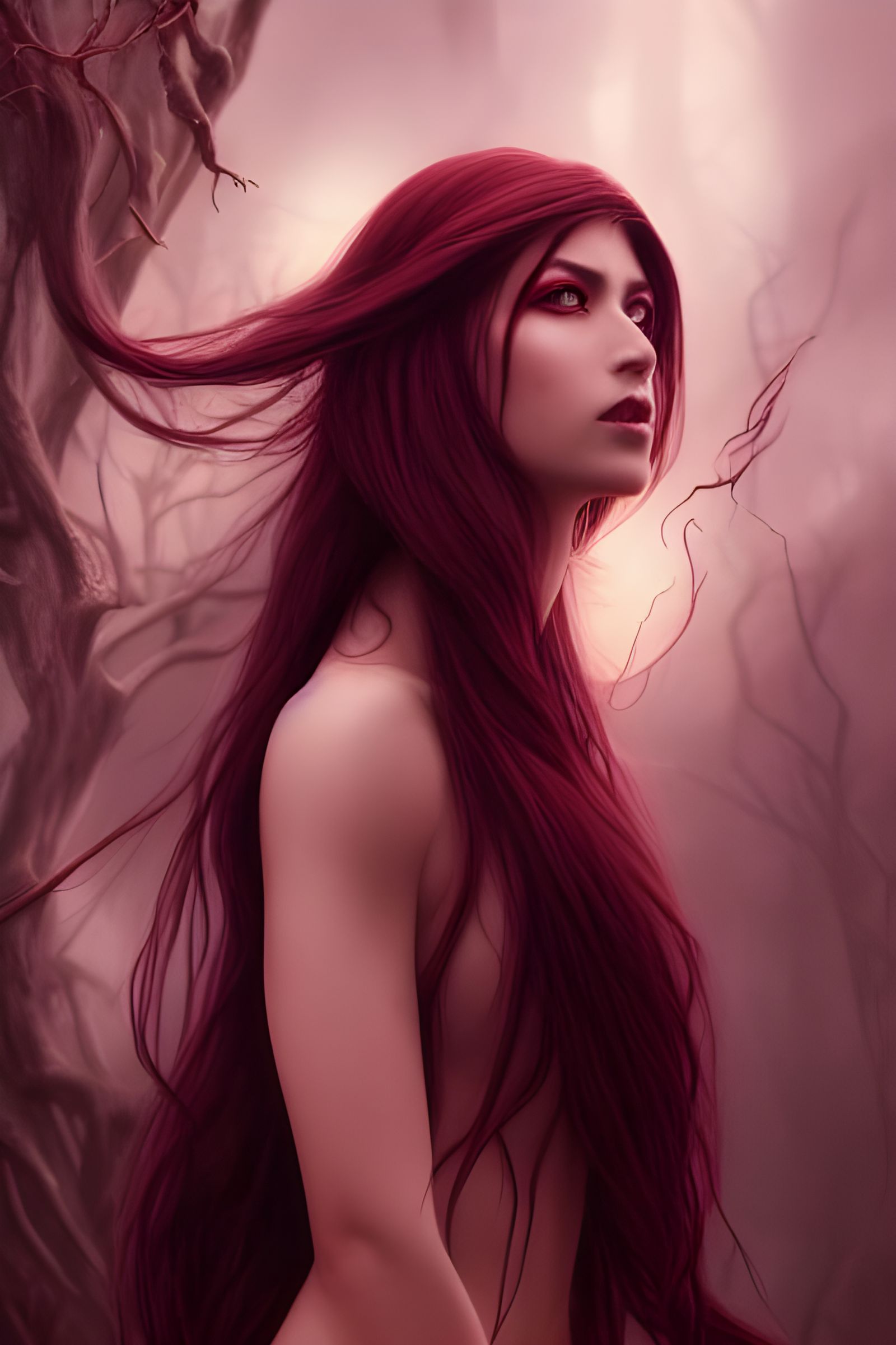 Crimson-Eyed Goddess: Hyper-Realistic Digital Illustration