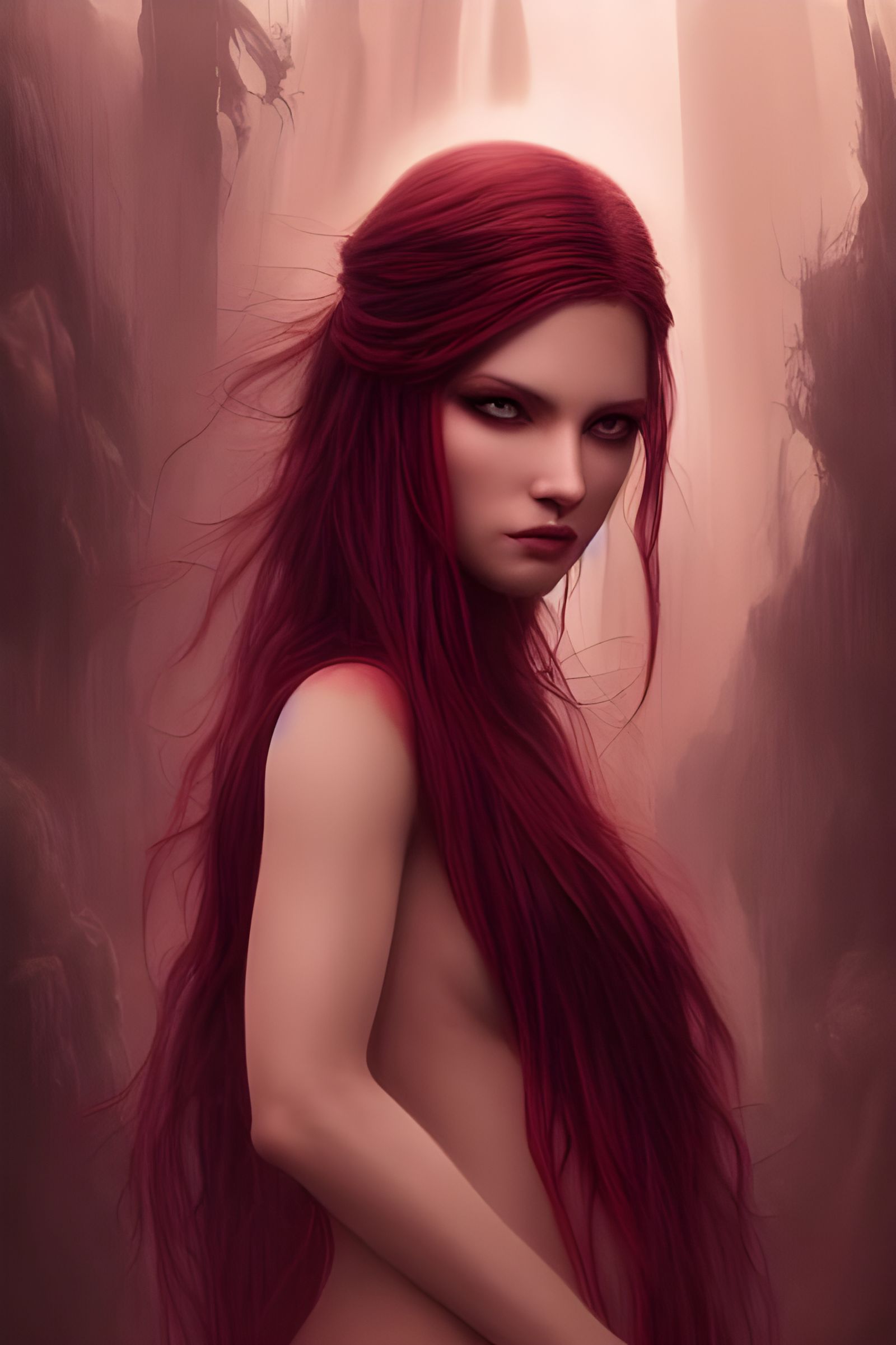 Crimson Eyed Goddess: Hyper-Detailed Digital Illustration