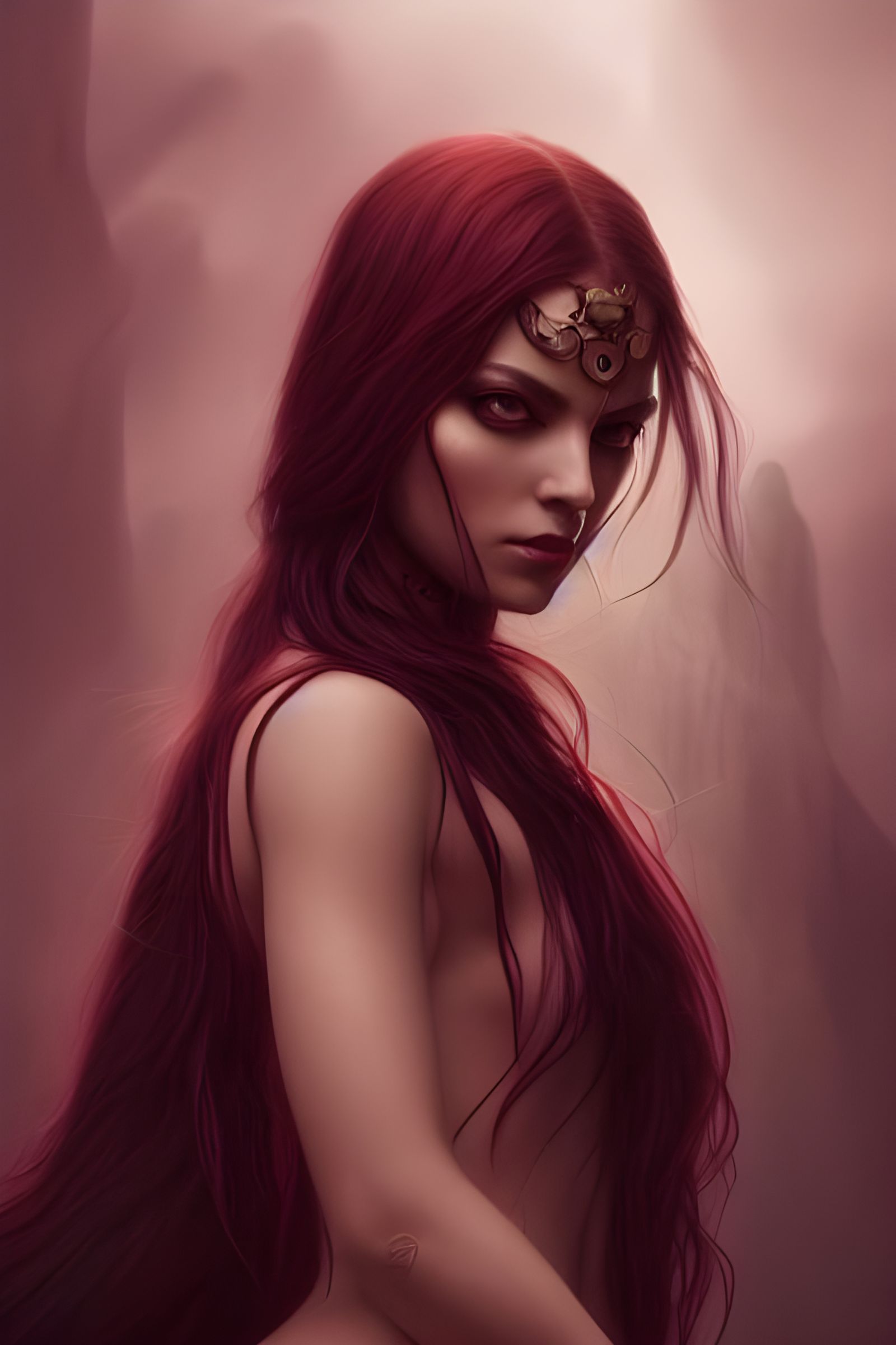 Sinister Goddess with Crimson Eyes: Digital Illustration
