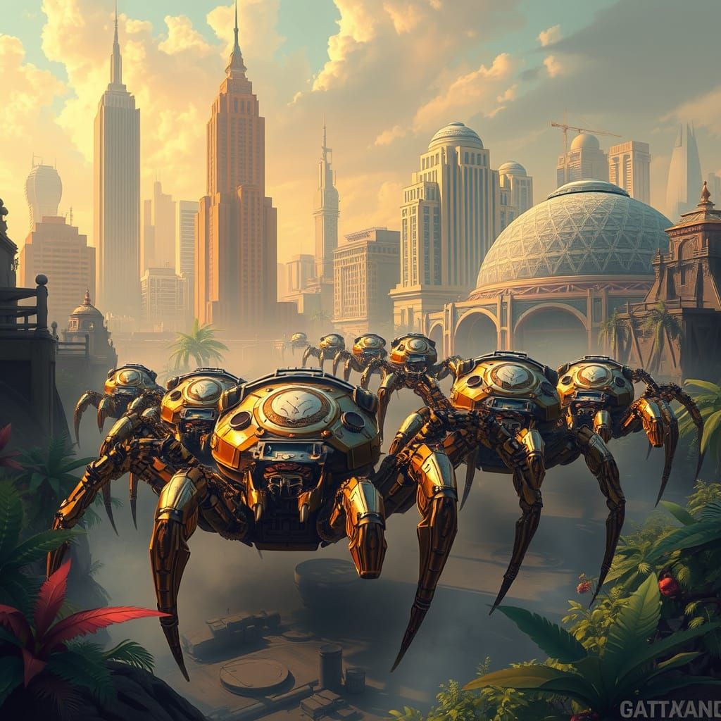 Golden Spider Tanks March Through Art Deco Metropolis in Vib...