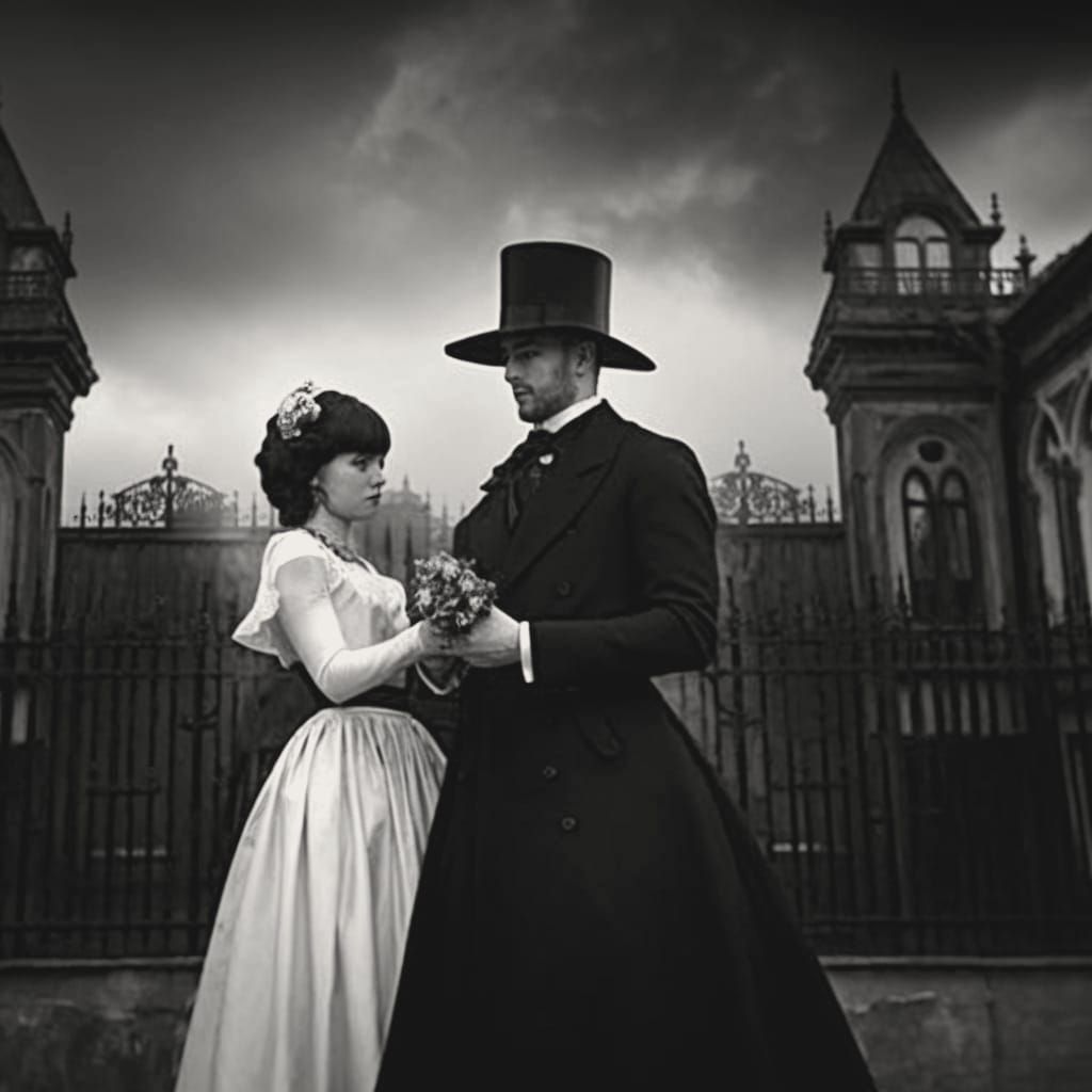 Mysterious Couple at Victorian Mansion: Monochrome Photo
